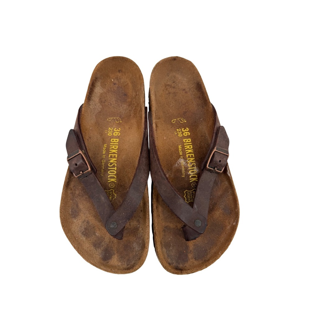 Birkenstock Gizeh Sandals Women 36 5-5.5 Brown Leather Thong Cork Footbed